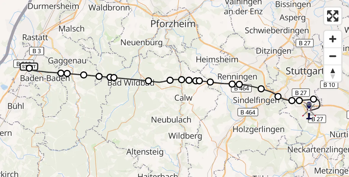 Flugroute Polizeihubschrauber Baden-Oos Flugplatz - Flughafen Stuttgart, 25 August 2026, 11:50