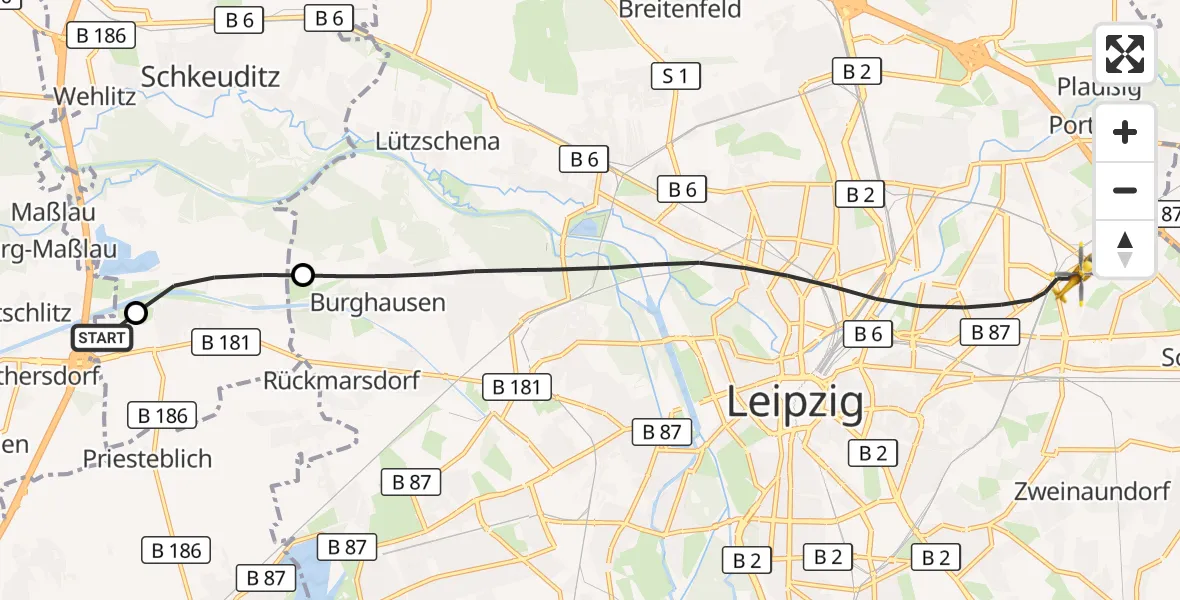 Flugroute Rettungshubschrauber ADAC Air Rescue Station Leipzig/Schkeuditz-Dölzig Hubschrauberlandeplatz (Christoph 61) - Leipzig, 25 August 2026, 12:03