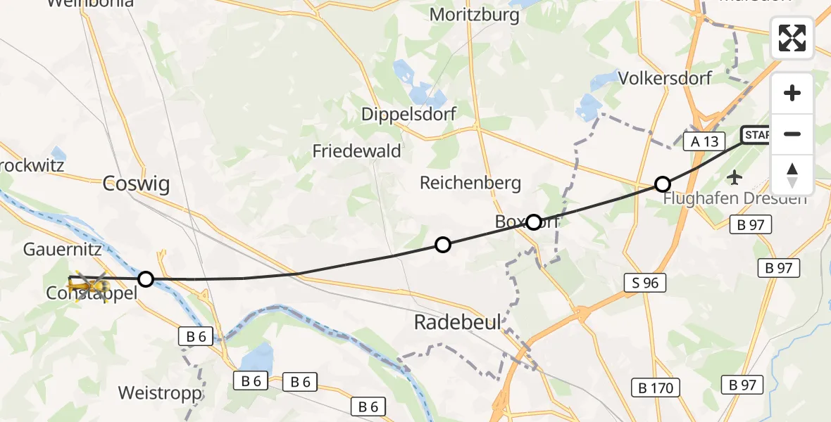 Flugroute Rettungshubschrauber Dresden Flughafen - Klipphausen, 25 August 2026, 12:07