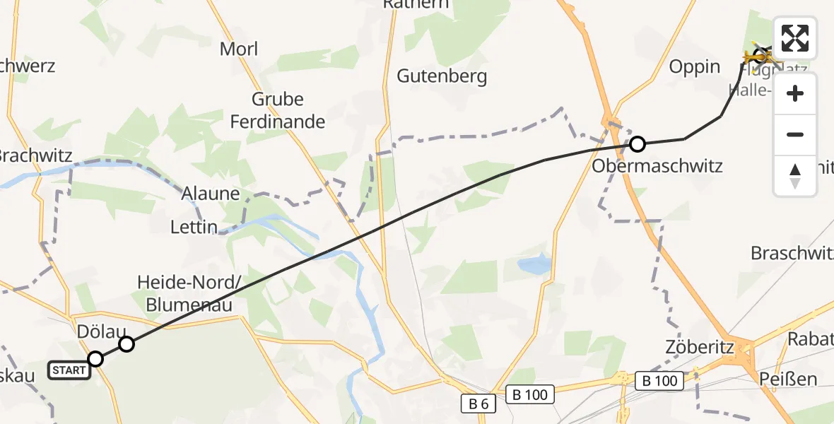 Flugroute Rettungshubschrauber Martha-Maria Halle-Dölau Hospital - Halle-Oppin Flugplatz, 25 August 2026, 12:23