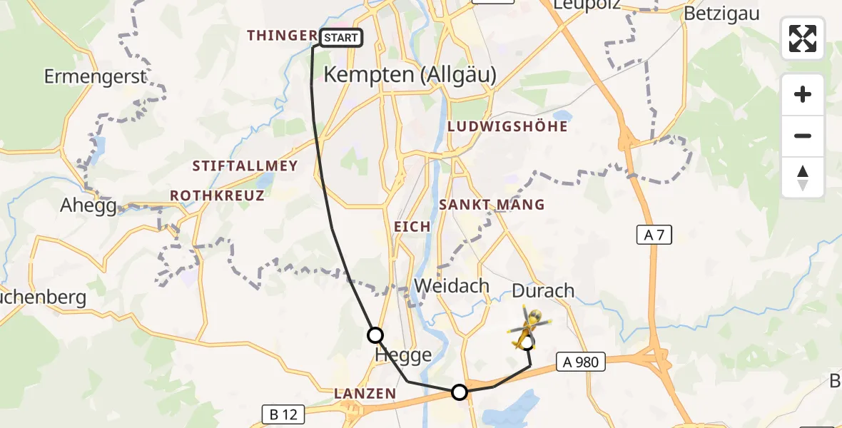 Flugroute Rettungshubschrauber Kempten (Allgäu) - Kempten-Durach Flugplatz, 25 August 2026, 12:28