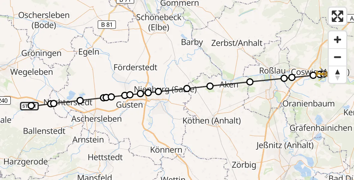 Flugroute Rettungshubschrauber Harz Hospital Quedlinburg - MediClin Heart Center Coswig Hubschrauberlandeplatz, 25 August 2026, 12:28