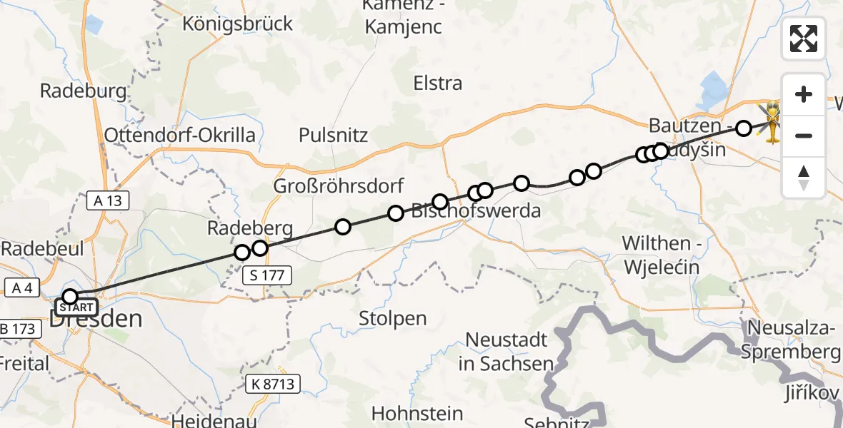 Flugroute Rettungshubschrauber Dresden Friedrichstadt Hospital - Bautzen Flugplatz, 25 August 2026, 12:28