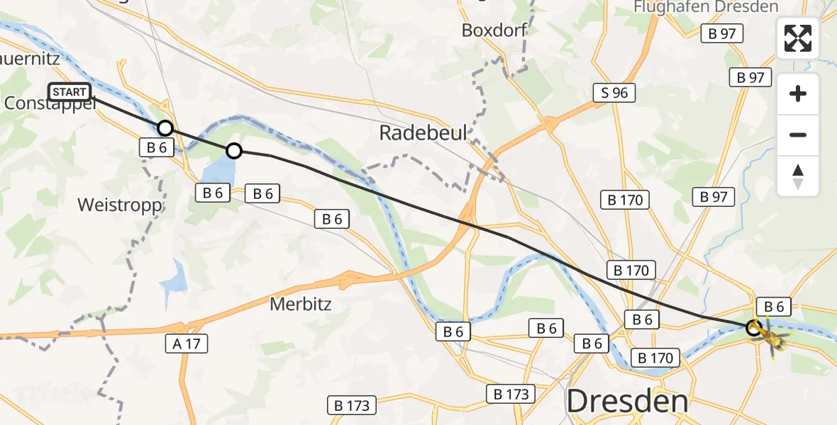 Flugroute Rettungshubschrauber Klipphausen - Dresden Elbwiesen Hubschrauberlandeplatz, 25 August 2026, 12:41