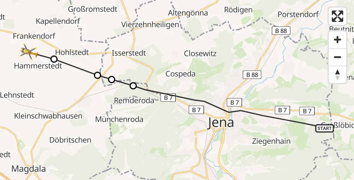 Flugroute Rettungshubschrauber Jena - Hammerstedt, 25 August 2026, 12:43