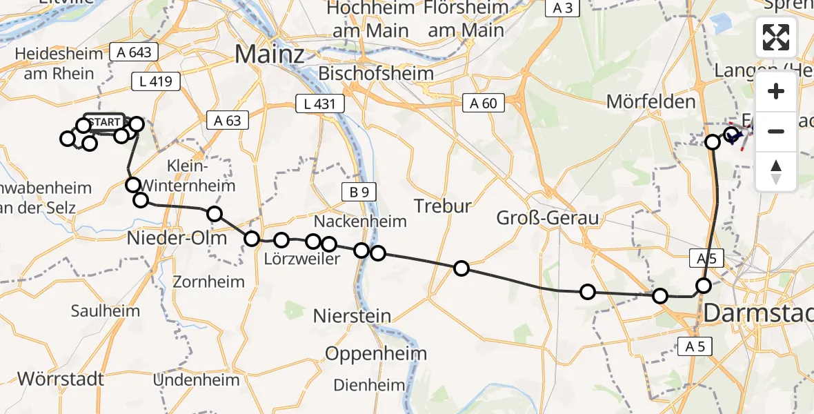 Flugroute Polizeihubschrauber Mainz-Finthen Flugplatz - Flughafen Frankfurt-Egelsbach, 25 August 2026, 12:49
