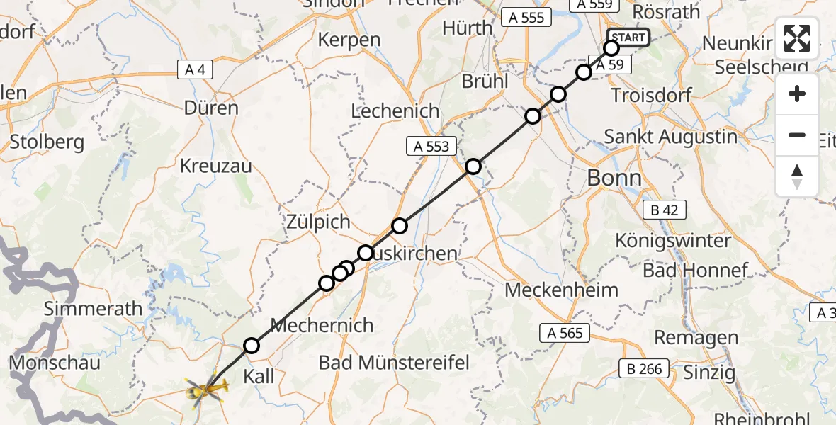 Flugroute Rettungshubschrauber Köln Bonn Flughafen - Schleiden, 25 August 2026, 12:49