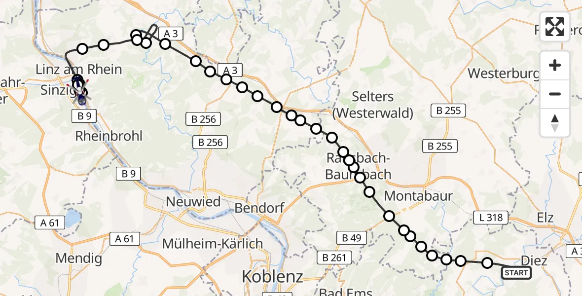 Flugroute Polizeihubschrauber Altendiez - Sinzig, 25 August 2026, 12:53