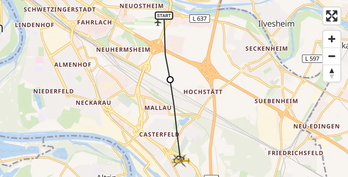 Flugroute Rettungshubschrauber Mannheim-City Flughafen - Mannheim, 25 August 2026, 12:58