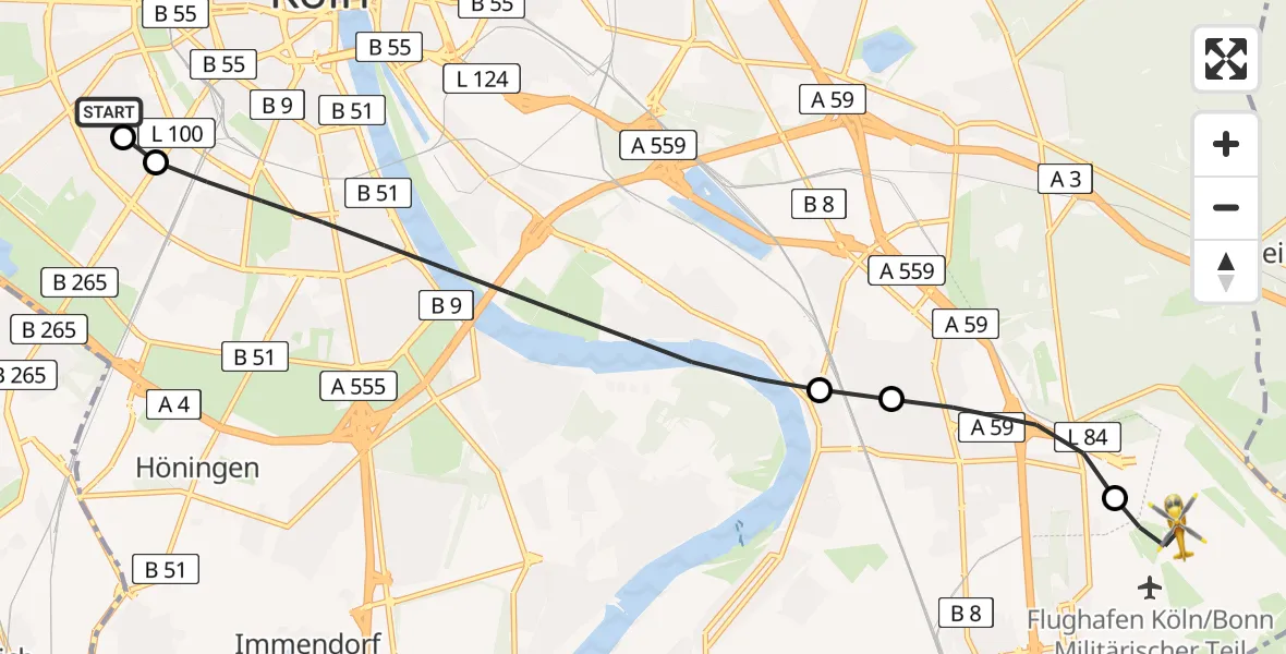 Flugroute Ambulanzhubschrauber Köln University Hospital - Köln Bonn Flughafen, 25 August 2026, 13:00
