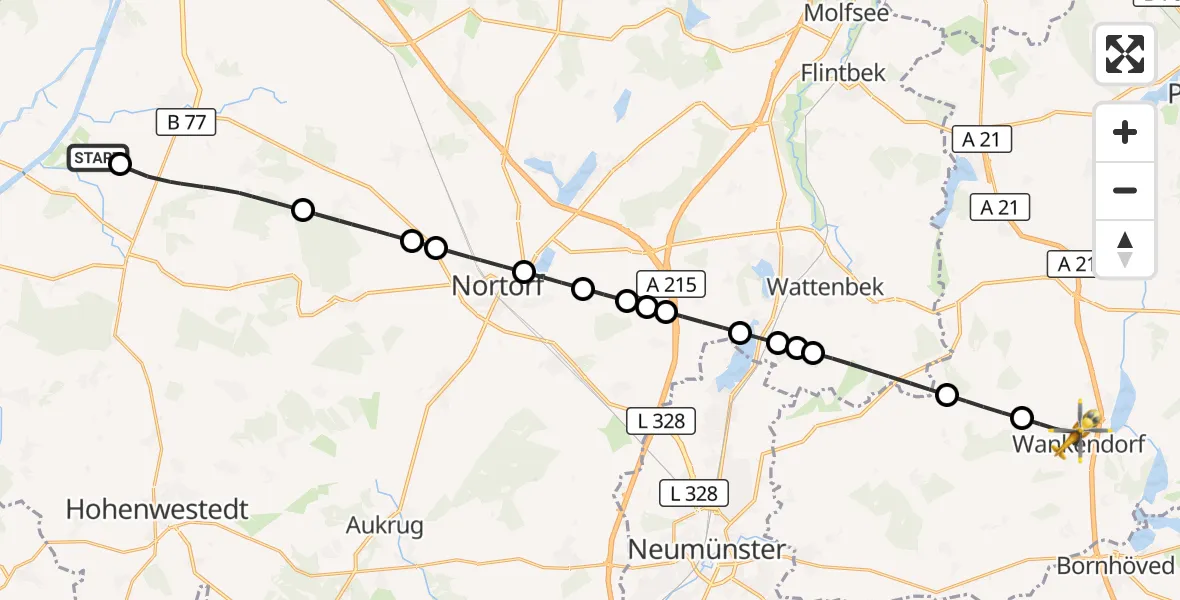 Flugroute Ambulanzhubschrauber Hörsten - Wankendorf, 25 August 2026, 13:00