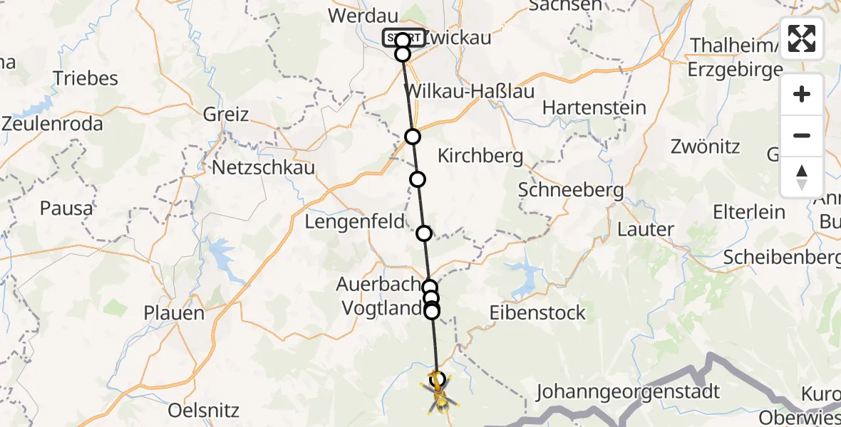 Flugroute Rettungshubschrauber ADAC Air Rescue Station Zwickau Hubschrauberlandeplatz - Muldenhammer, 25 August 2026, 13:01