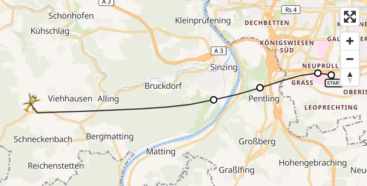 Flugroute Rettungshubschrauber DRF Air Rescue Station Regensburg / Regensburg University Hospital - Sinzing, 25 August 2026, 13:00
