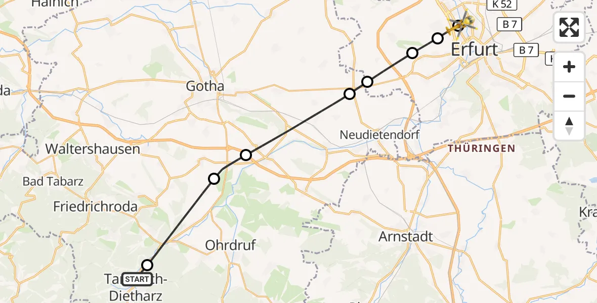 Flugroute Rettungshubschrauber Tambach-Dietharz/Thür.Wald - Helios Clinic Erfurt, 25 August 2026, 13:07