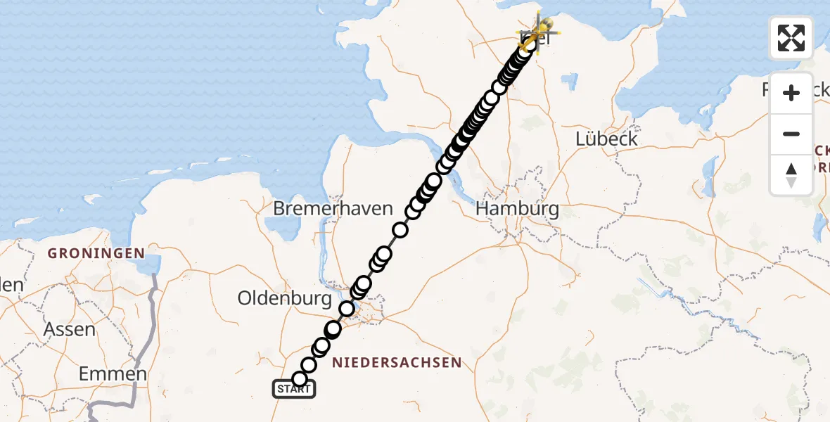 Flugroute Rettungshubschrauber Vechta - Kiel, 25 August 2026, 13:12