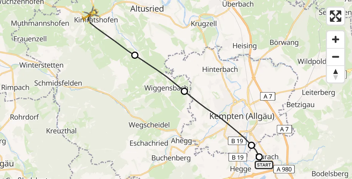 Flugroute Rettungshubschrauber Kempten-Durach Flugplatz - Altusried, 25 August 2026, 13:15