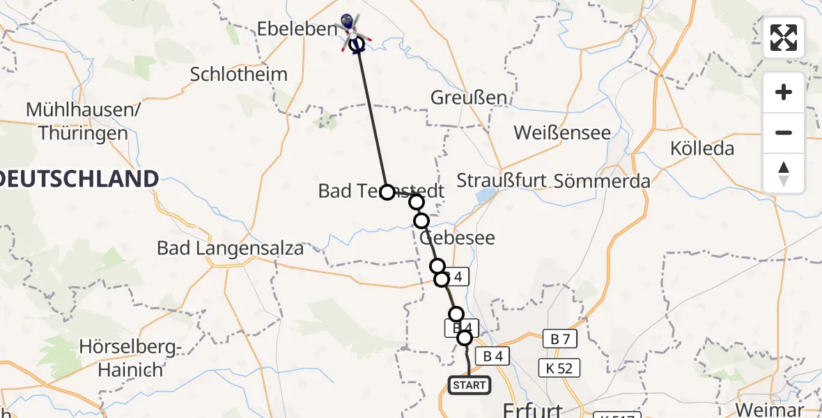 Flugroute Polizeihubschrauber Erfurt - Bellstedt, 25 August 2026, 13:25