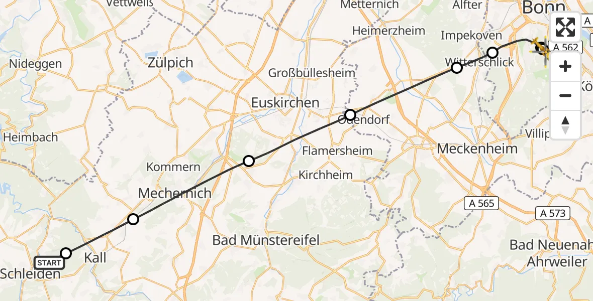 Flugroute Rettungshubschrauber Schleiden - Bonn University Hospital, 25 August 2026, 13:26