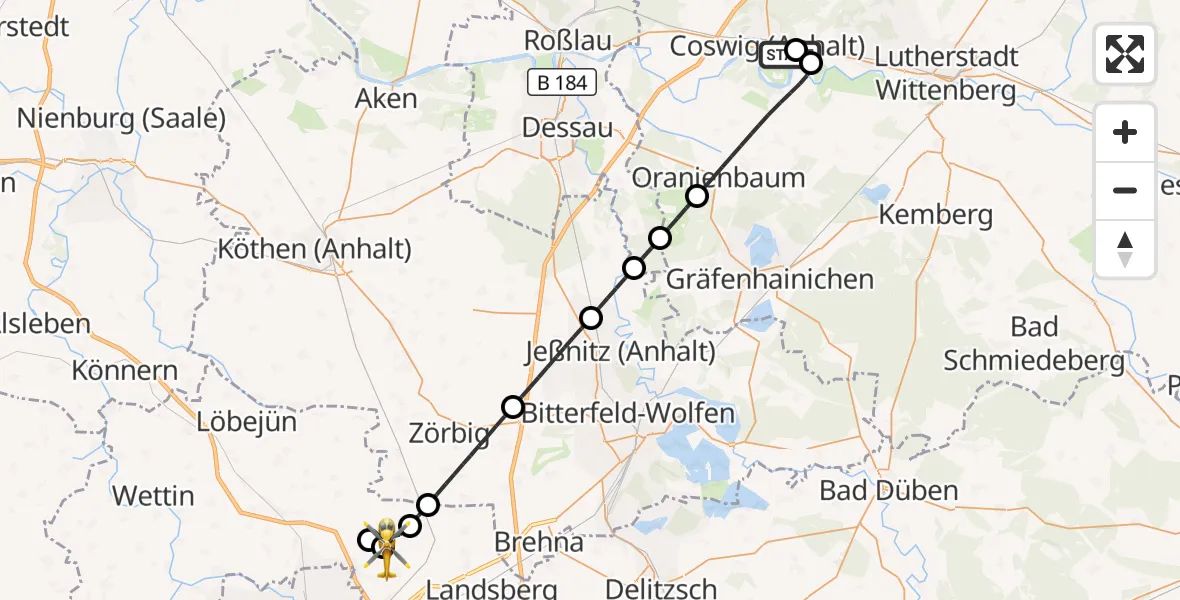 Flugroute Rettungshubschrauber MediClin Heart Center Coswig Hubschrauberlandeplatz - Halle-Oppin Flugplatz, 25 August 2026, 13:43