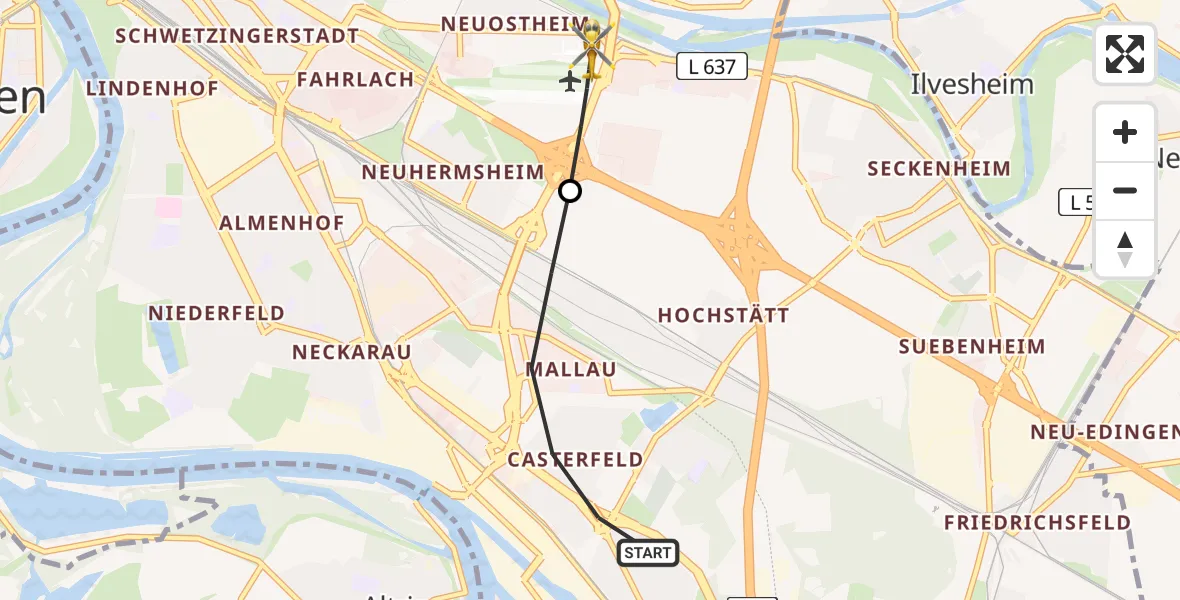 Flugroute Rettungshubschrauber Mannheim - Mannheim-City Flughafen, 25 August 2026, 13:47