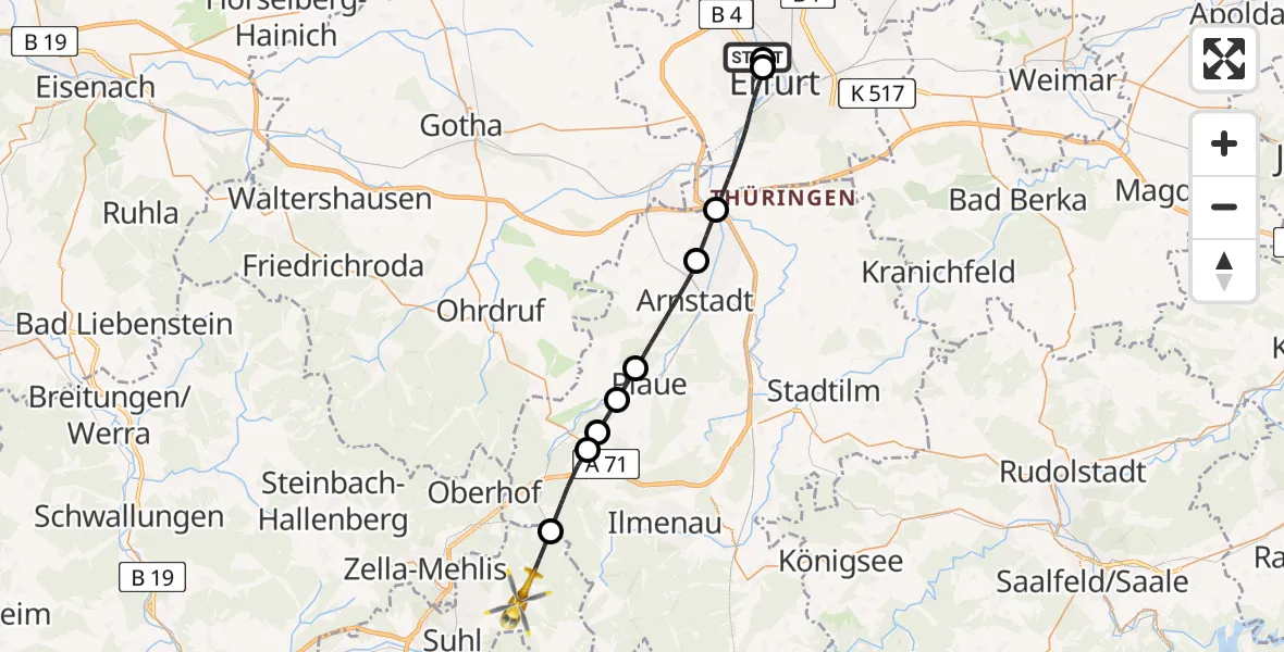 Flugroute Rettungshubschrauber Helios Clinic Erfurt - Suhl, 25 August 2026, 13:49