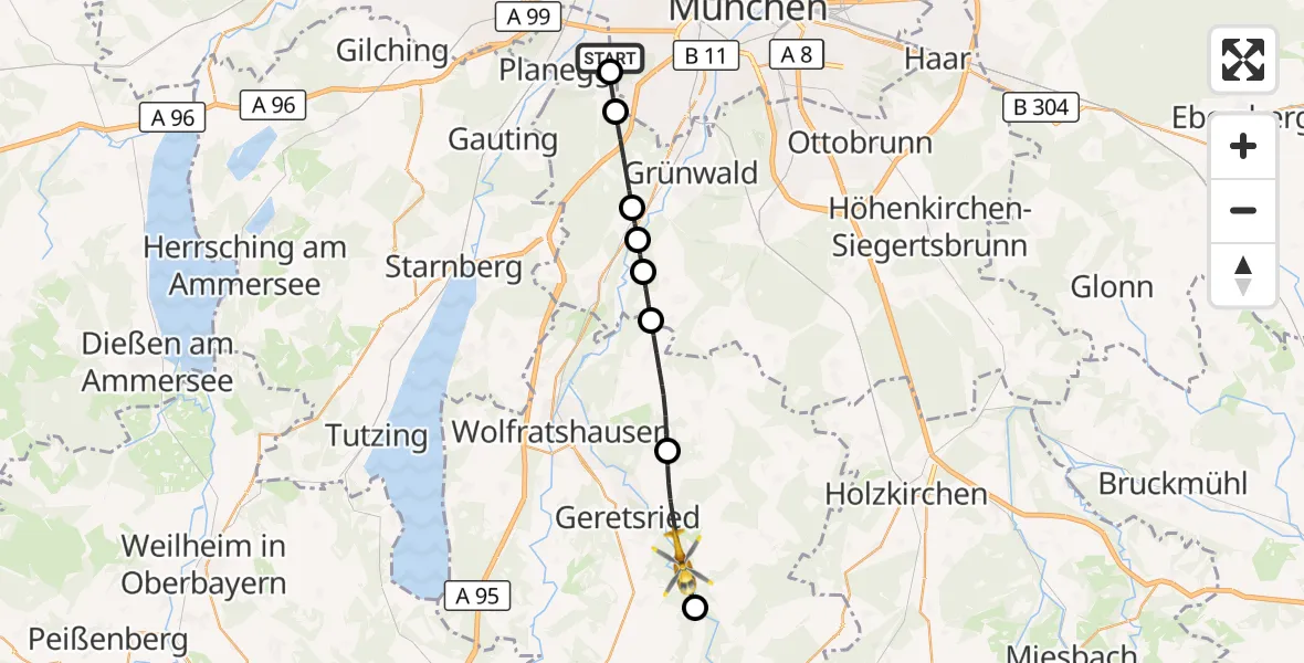 Flugroute Rettungshubschrauber DRF Air Rescue München Hubschrauberlandeplatz - Dietramszell, 25 August 2026, 13:58