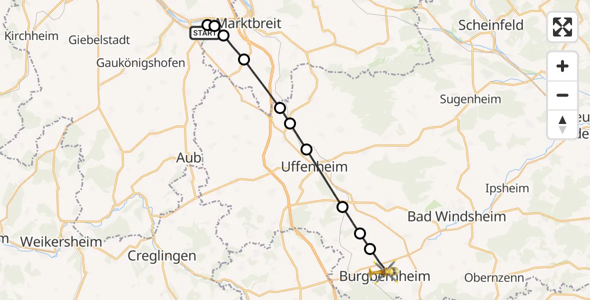 Flugroute Rettungshubschrauber Ochsenfurt Hospital - Burgbernheim, 25 August 2026, 13:58