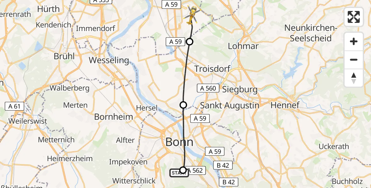 Flugroute Rettungshubschrauber Bonn University Hospital - Köln Bonn Flughafen, 25 August 2026, 14:07