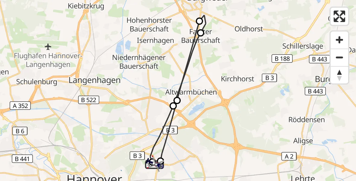 Flugroute Polizeihubschrauber Hannover Luftrettung Hubschrauberlandeplatz (Christoph 4) - Hannover Luftrettung Hubschrauberlandeplatz (Christoph 4), 25 August 2026, 14:27