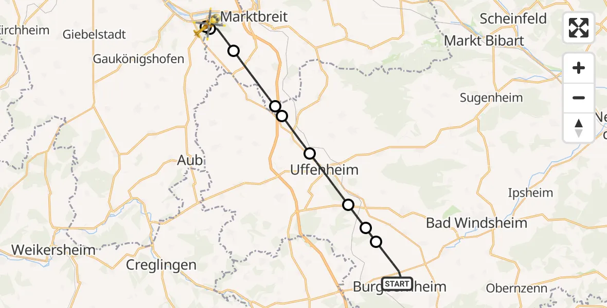 Flugroute Rettungshubschrauber Burgbernheim - Ochsenfurt Hospital, 25 August 2026, 14:27