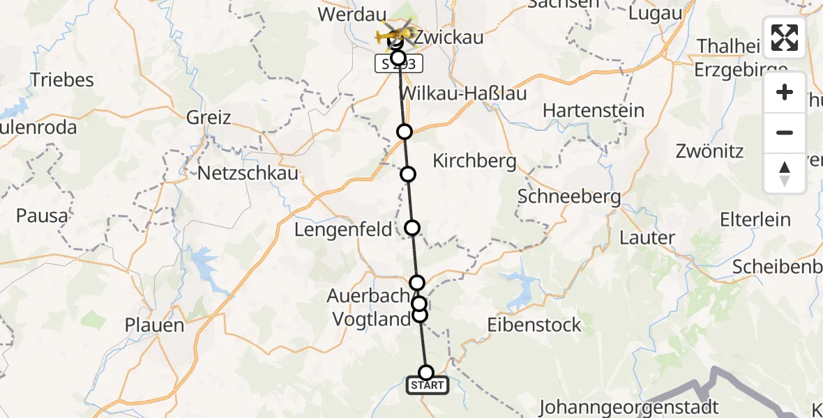 Flugroute Rettungshubschrauber Muldenhammer - ADAC Air Rescue Station Zwickau Hubschrauberlandeplatz, 25 August 2026, 14:29