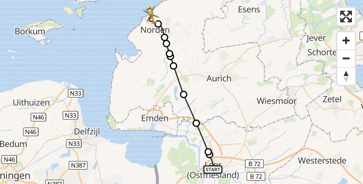 Flugroute Ambulanzhubschrauber Leer (Ostfriesland) - Norden-Norddeich Flughafen, 25 August 2026, 14:30