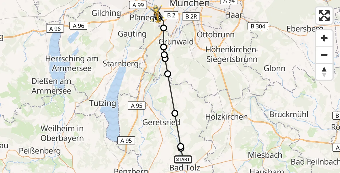Flugroute Rettungshubschrauber Bad Tölz - DRF Air Rescue München Hubschrauberlandeplatz, 25 August 2026, 14:35