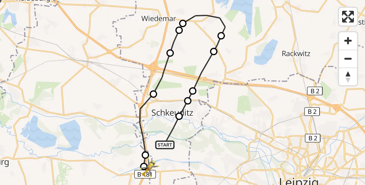 Flugroute Rettungshubschrauber Schkeuditz - ADAC Air Rescue Station Leipzig/Schkeuditz-Dölzig Hubschrauberlandeplatz (Christoph 61), 25 August 2026, 14:37