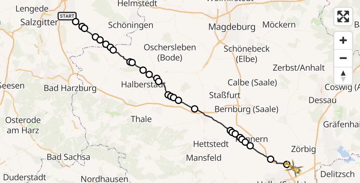 Flugroute Rettungshubschrauber Wolfenbüttel - Halle-Oppin Flugplatz, 25 August 2026, 15:09