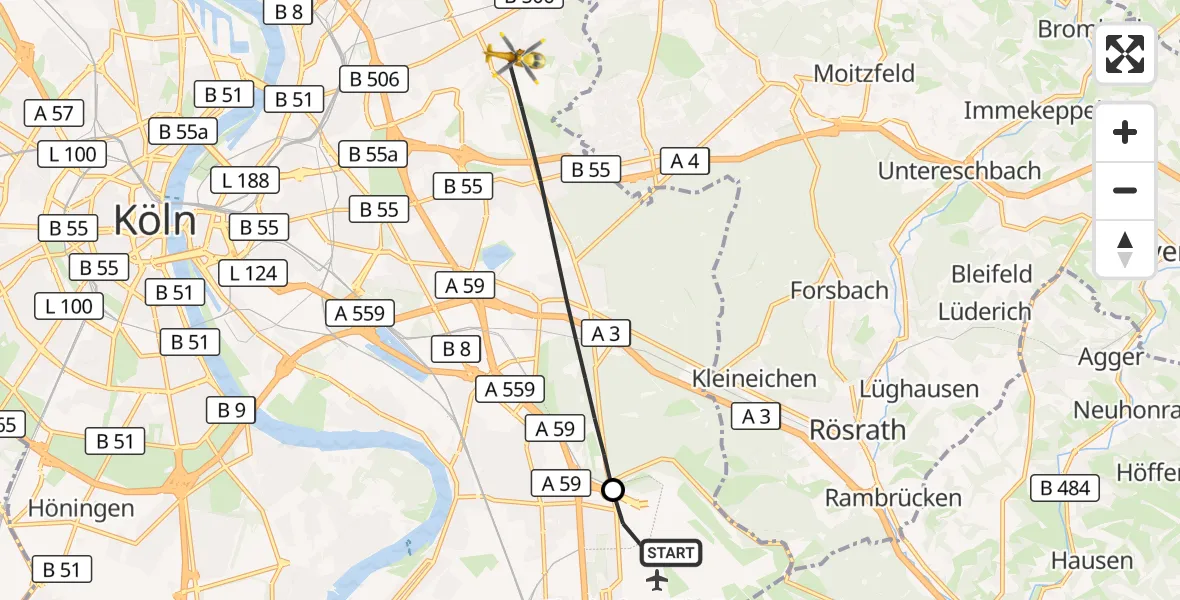 Flugroute Rettungshubschrauber Köln Bonn Flughafen - Köln, 25 August 2026, 15:10