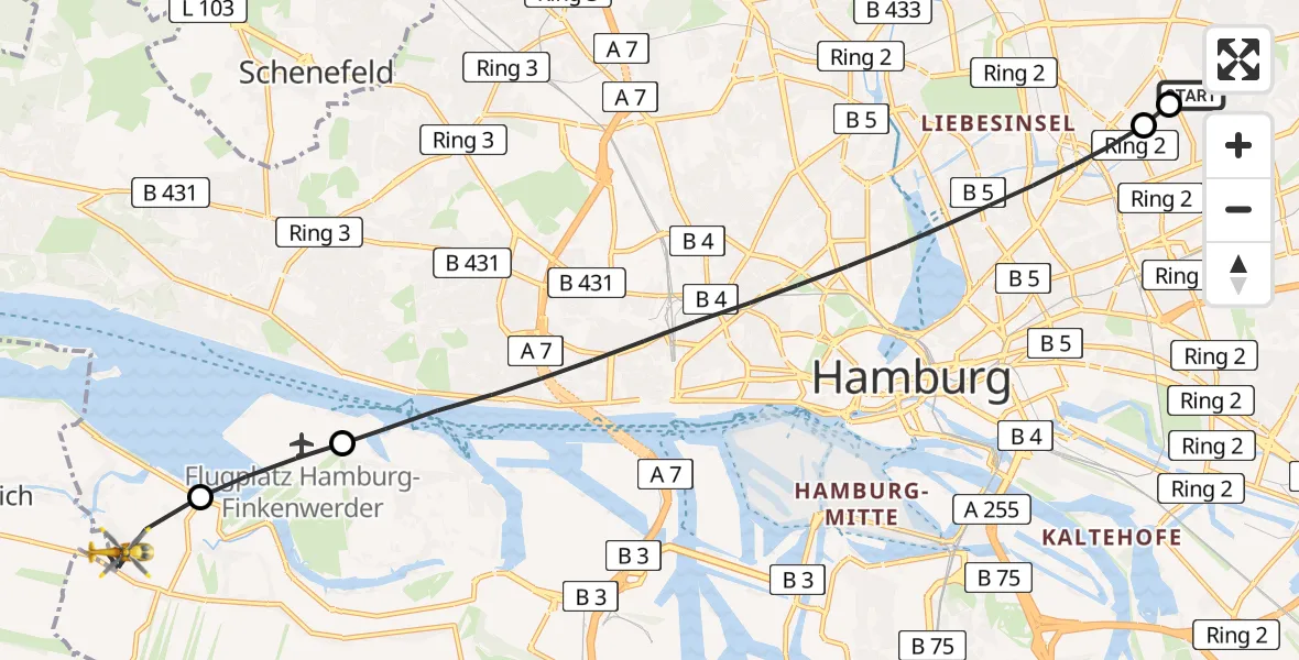 Flugroute Rettungshubschrauber Hamburg Military Hospital - Hamburg, 25 August 2026, 15:15
