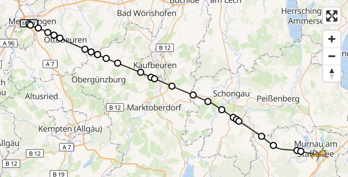 Flugroute Rettungshubschrauber Memmingen Hospital - Murnau a.Staffelsee, 25 August 2026, 15:18