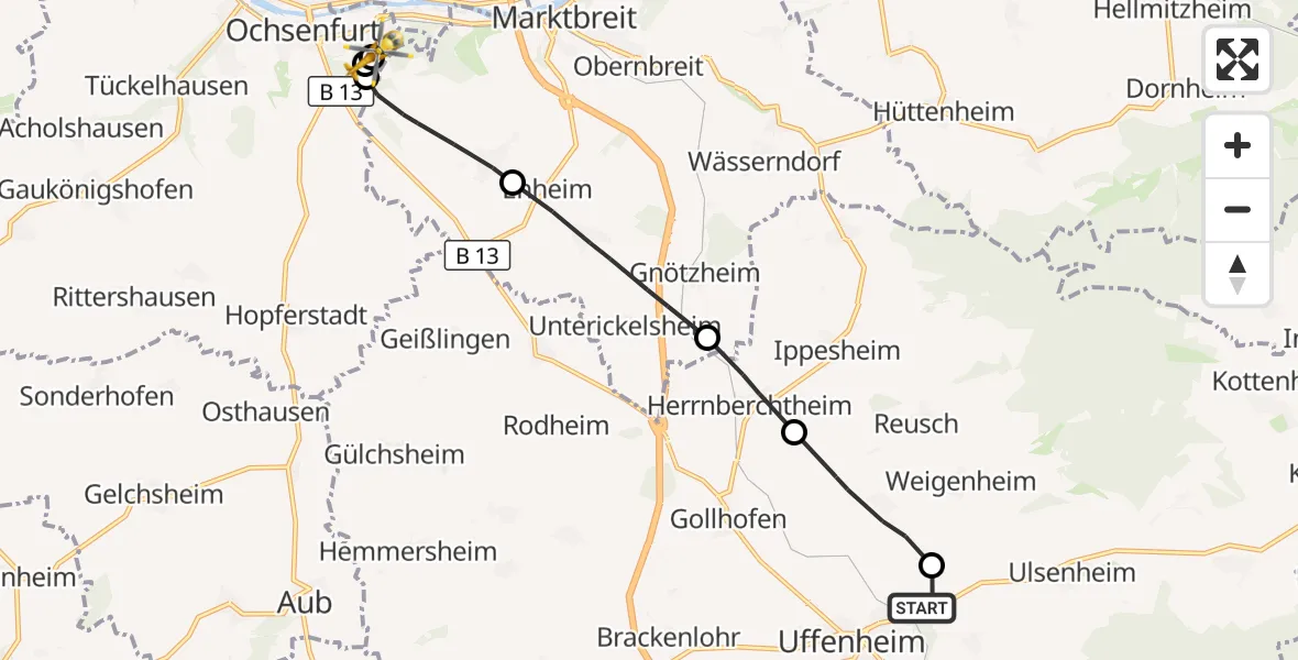 Flugroute Rettungshubschrauber Uffenheim - Ochsenfurt Hospital, 25 August 2026, 15:19