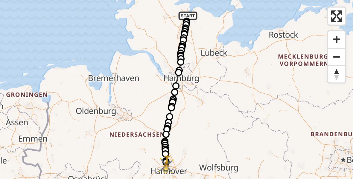 Flugroute Rettungshubschrauber Kiel - Flughafen Hannover, 25 August 2026, 15:20
