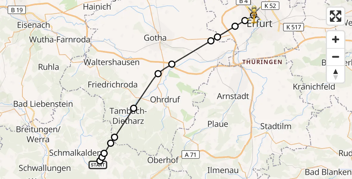 Flugroute Rettungshubschrauber Schmalkalden - Helios Clinic Erfurt, 25 August 2026, 15:26