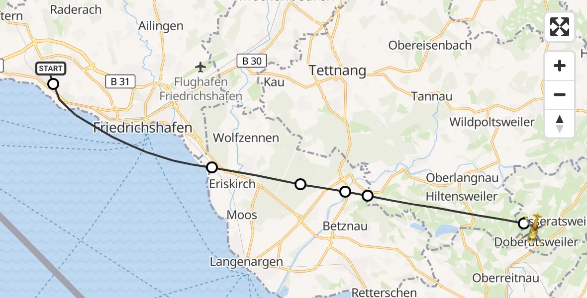 Flugroute Rettungshubschrauber Friedrichshafen Hospital - Achberg, 25 August 2026, 15:34