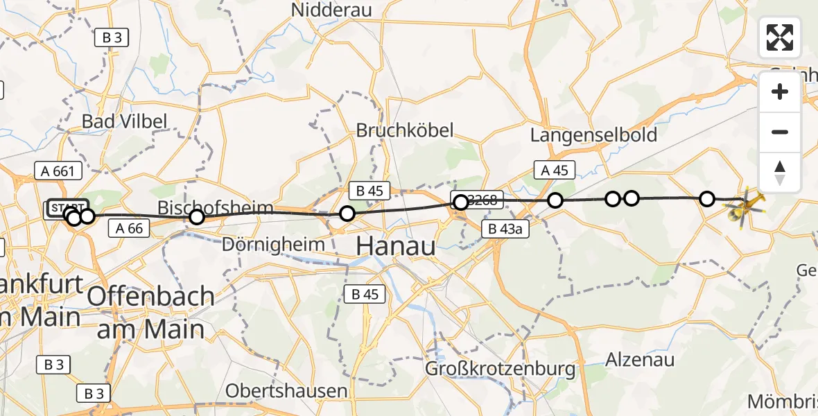 Flugroute Rettungshubschrauber Frankfurt am Main Accident Hospital Roof - Freigericht, 25 August 2026, 15:38