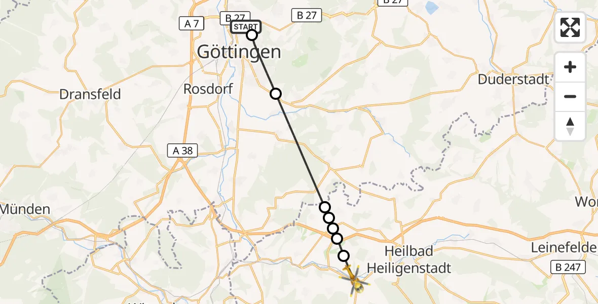 Flugroute Rettungshubschrauber Göttingen University Clinic Hubschrauberlandeplatz - Uder, 25 August 2026, 15:48