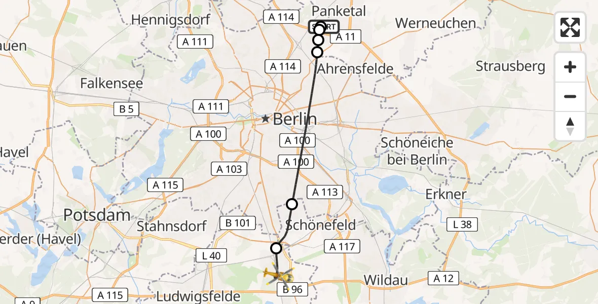 Flugroute Rettungshubschrauber Helios Clinic Berlin-Buch - Blankenfelde-Mahlow, 25 August 2026, 15:57