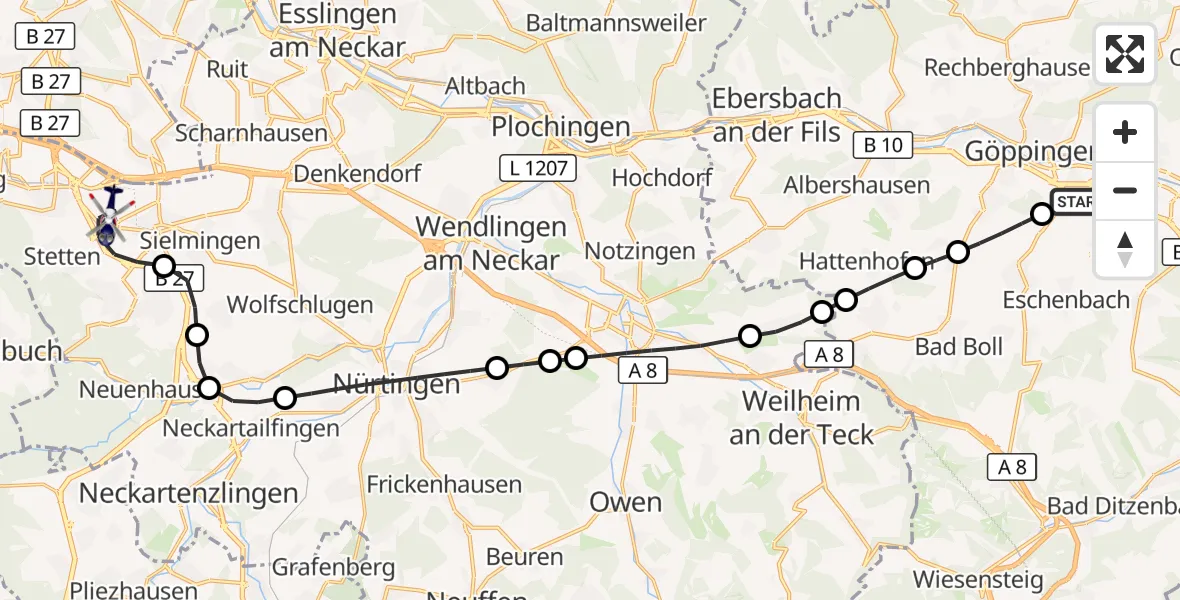 Flugroute Polizeihubschrauber Göppingen - Flughafen Stuttgart, 25 August 2026, 16:02