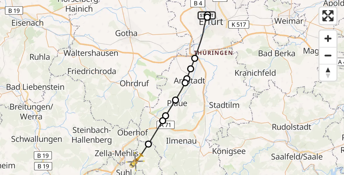 Flugroute Rettungshubschrauber Helios Clinic Erfurt - Suhl, 25 August 2026, 16:03