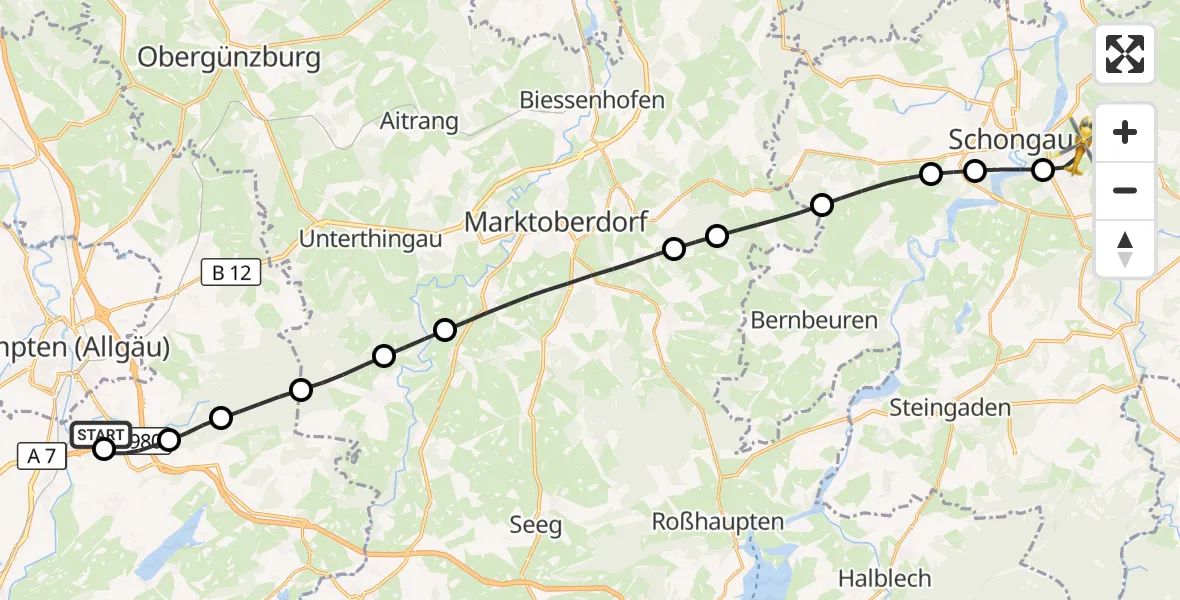 Flugroute Rettungshubschrauber Kempten-Durach Flugplatz - Peiting, 25 August 2026, 16:06