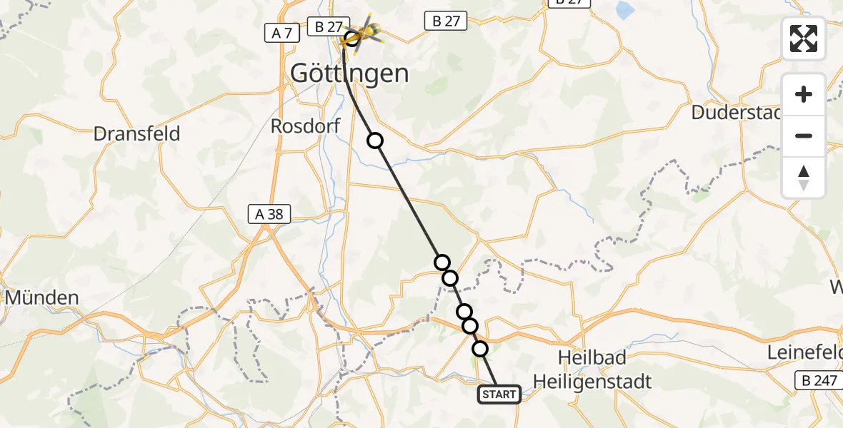 Flugroute Rettungshubschrauber Uder - Göttingen University Clinic Hubschrauberlandeplatz, 25 August 2026, 16:20