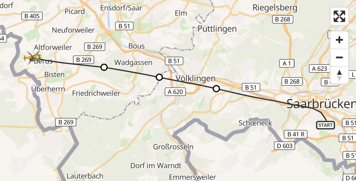 Flugroute Rettungshubschrauber Saarbrücken - Überherrn, 25 August 2026, 16:21